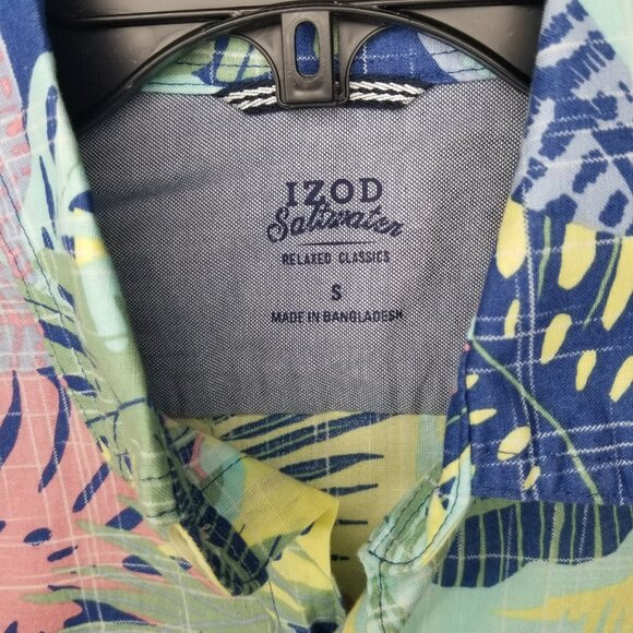 IZOD Mens S Short Sleeve Cotton Floral Hawaiian Button Up Shirt Yellow Blue Pink - Picture 2 of 12